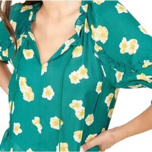 Daniel Rainn Plus 2X Green Floral Ruffle Blouse Linen Cotton Peasant Top